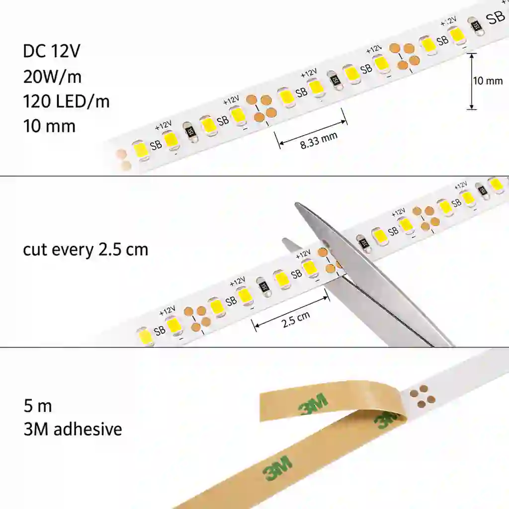 Technický detail LED pásku 10mm s dělením každých 2,5cm